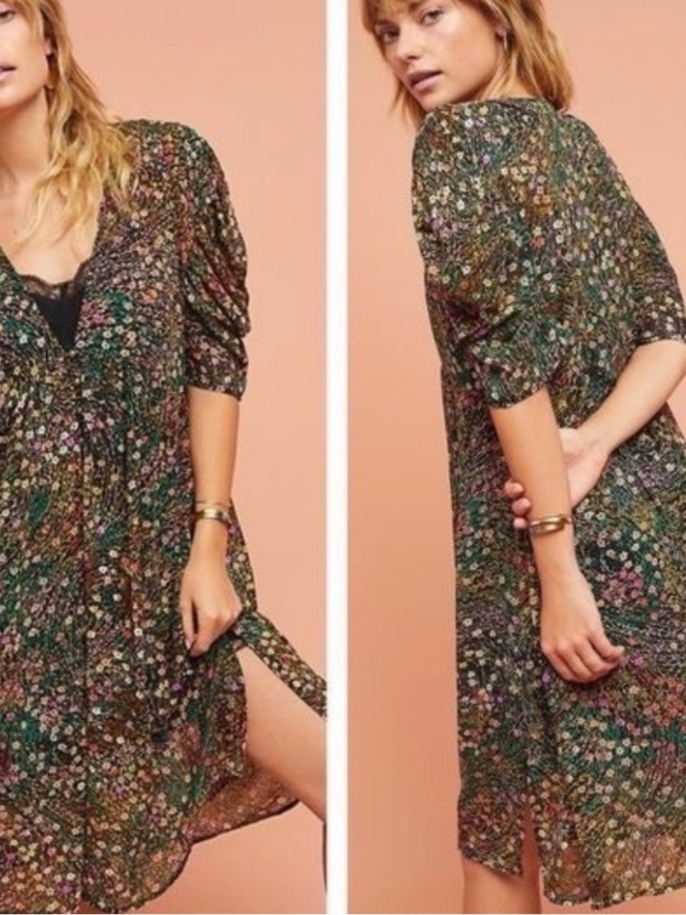 akemi + kin | Anthropologie Green Sheer Floral Button Down Dress | Size XS $150